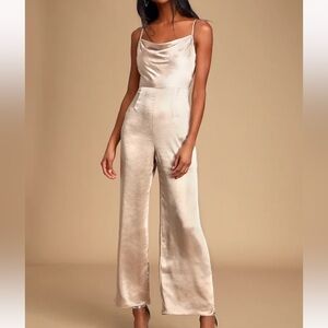 Lulus Perfect Night Champagne Satin Cowl Neck Culotte Jumpsuit